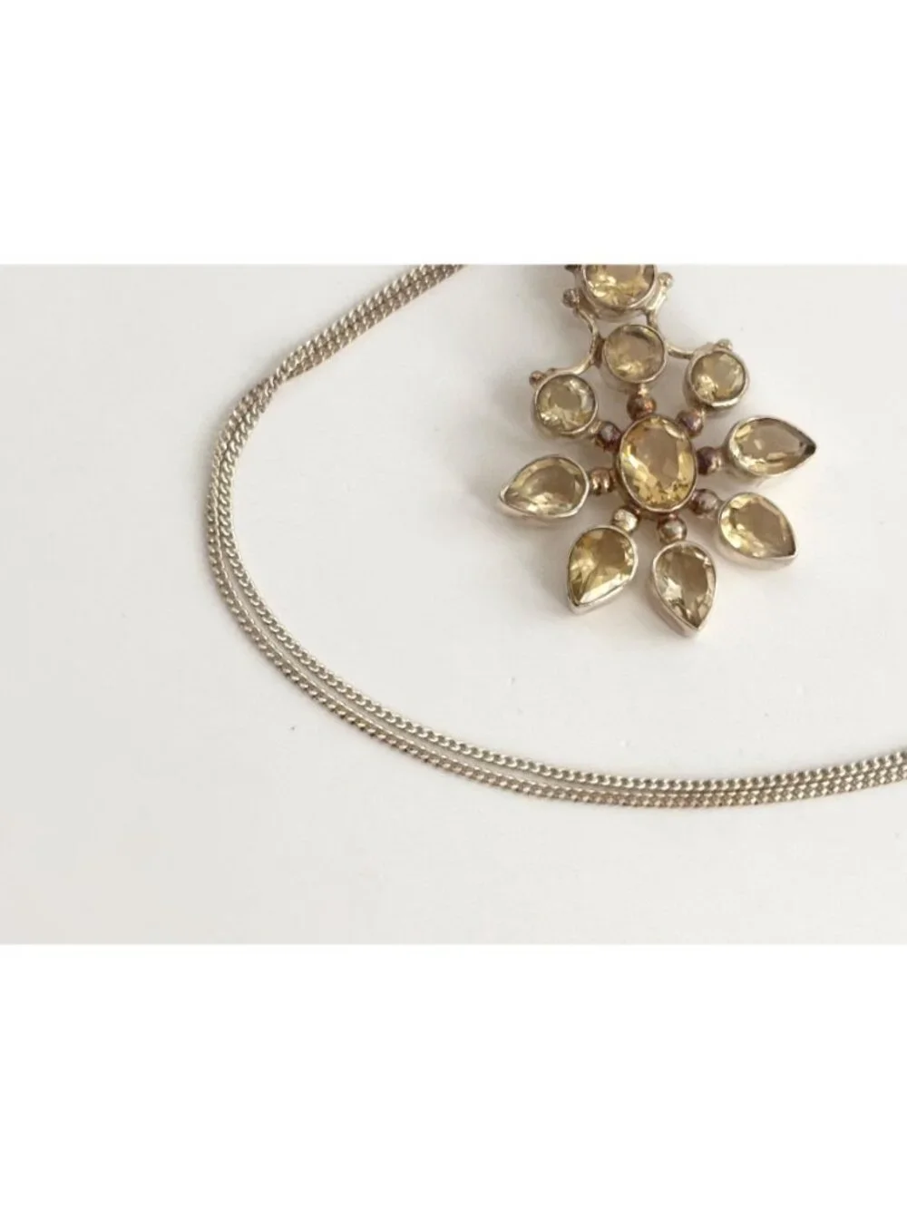 Snowflake Shaped Citrine Sterling Silver 925 Vintage Pendant Necklace - 18
